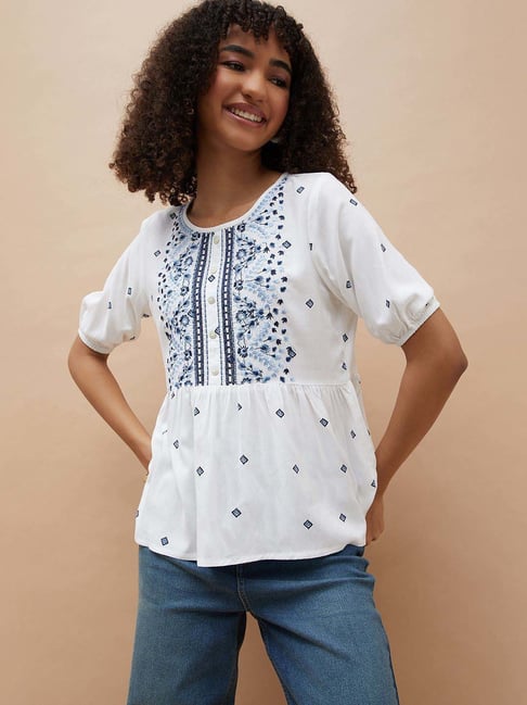 Fame Forever By Lifestyle Off White Regular Fit Embroidered Top-picture-16