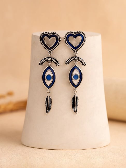 Voylla Silver Boho Tribe Feathered Insight Oxidised Drop Earrings