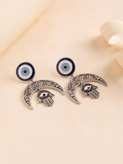 Voylla Silver Boho Tribe Evil Eye Moon Oxidised Drop Earrings-picture-36