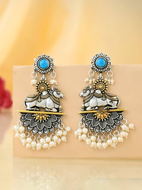 Voylla Silver Qasbah Nandi Oxidised Two Tone Drop Earrings