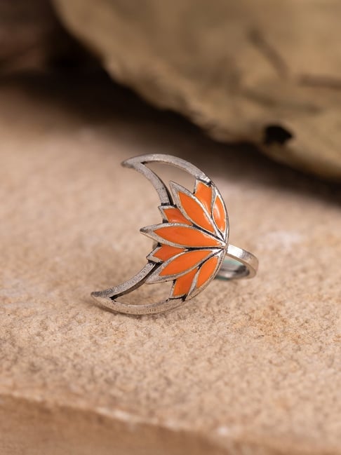 Voylla Silver Boho Tribe Moonlit Lotus Oxidised Enamel Casual Ring