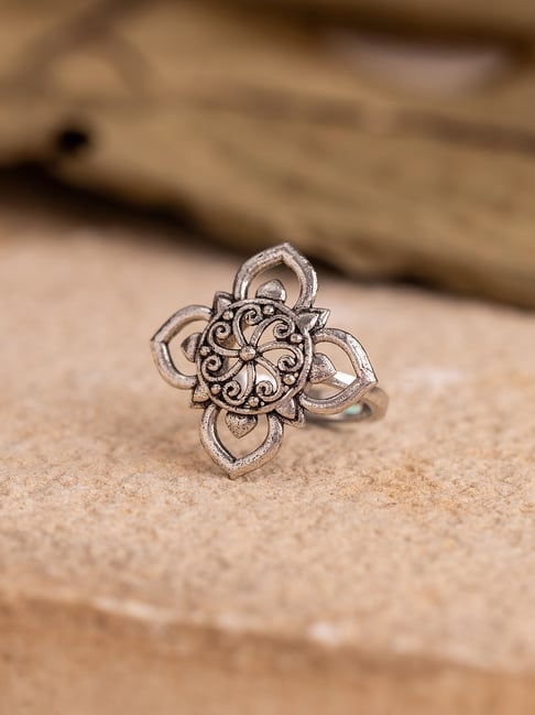 Voylla Silver Boho Tribe Flora Oxidised Casual Ring