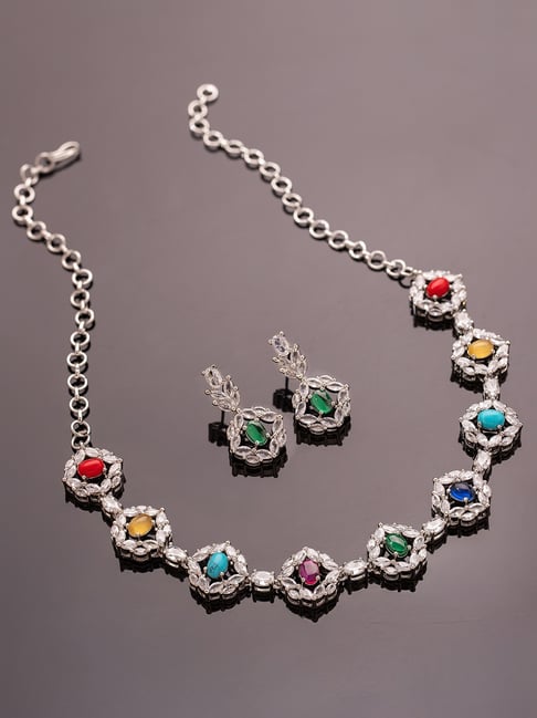 Voylla Silver Sparkling Essentials Prismara Multicolor American Diamond Necklace & Earring Set