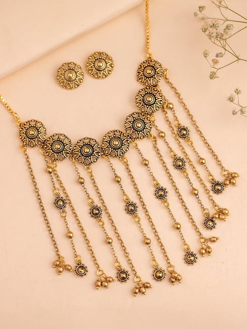 Voylla Gold Fringes Bloom in Fringe Statement Choker Necklace