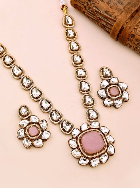 Voylla Gold Kundan Opulence Golden Petals Pink Kundan Necklace Earring Set