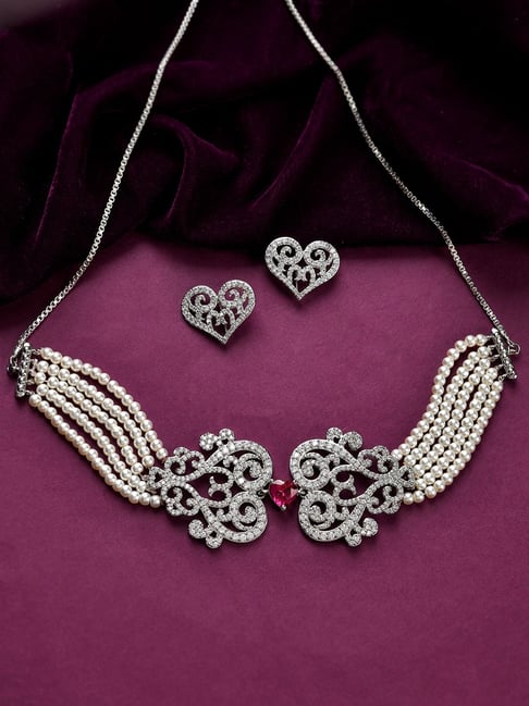 Voylla Silver Royal Romance Noorie Statement Choker Necklace & Earring Set