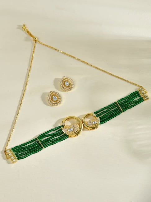Voylla Gold Panchhi Kruttika Choker Green Necklace Earring Set