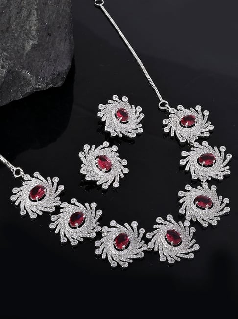 Voylla Silver Fireworks Magenta Magic Necklace & Earring Set-picture-11
