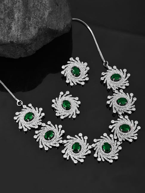 Voylla Silver Fireworks Emerald Dazzle Dream Necklace & Earring Set-picture-12