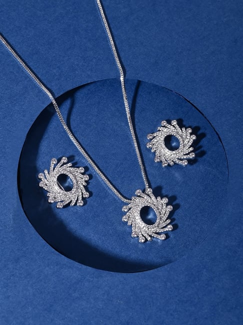 Voylla Silver Fireworks Halo Glitter Necklace & Earring Set-picture-14