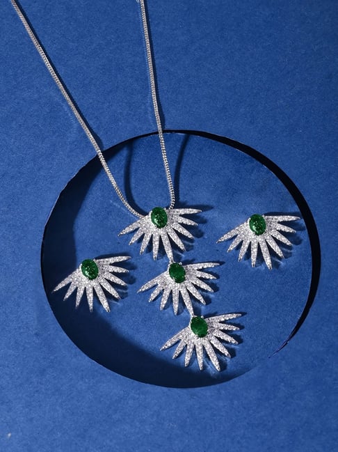 Voylla Silver Fireworks Emerald Spark Necklace & Earring Set-picture-13