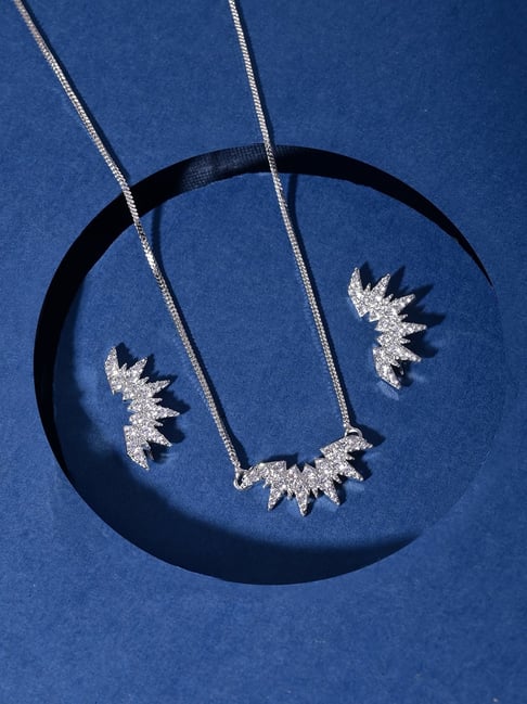Voylla Silver Fireworks Sparkle Burst Necklace Earring Set