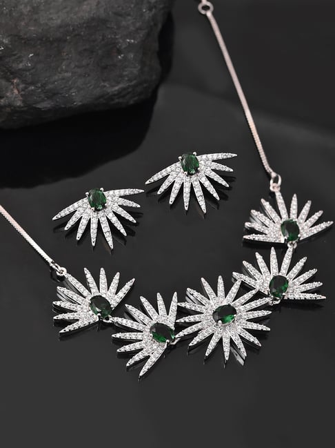 Voylla Silver Fireworks Emerald Spark Necklace & Earring Set-picture-15