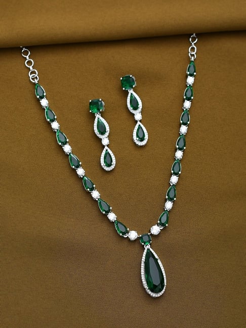 Voylla Silver Sparkling Elegance Sparkling Affair American Diamond Necklace & Earring Set-picture-24