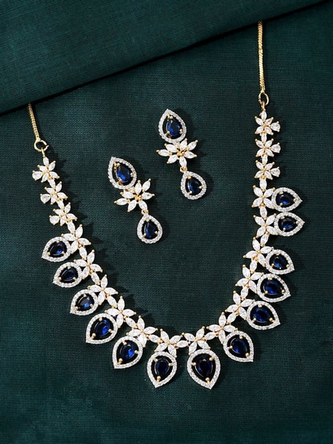 Voylla Gold Sparkling Elegance Blue Allure American Diamond Necklace & Earring Set-picture-32