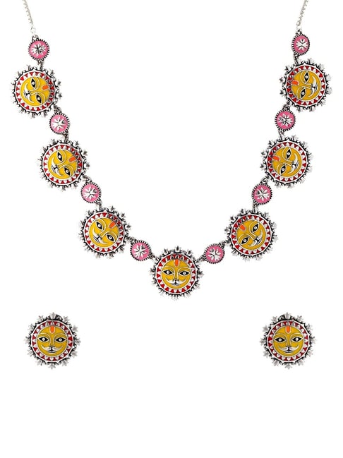 Voylla Silver Madhubani Surya Sutra Oxidised Enamel Necklace & Earring Set-picture-13