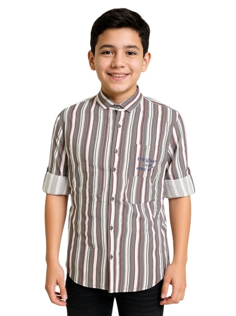 Cavio Boys Grey Cotton Striped Regular Fit Shirt-picture-34