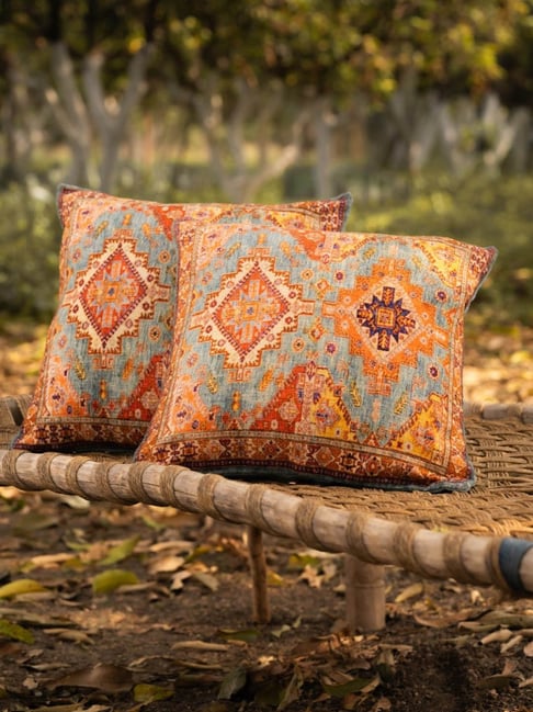 TESU Multicolor Jute Ikkat Charm Cushion Cover - Set of 2