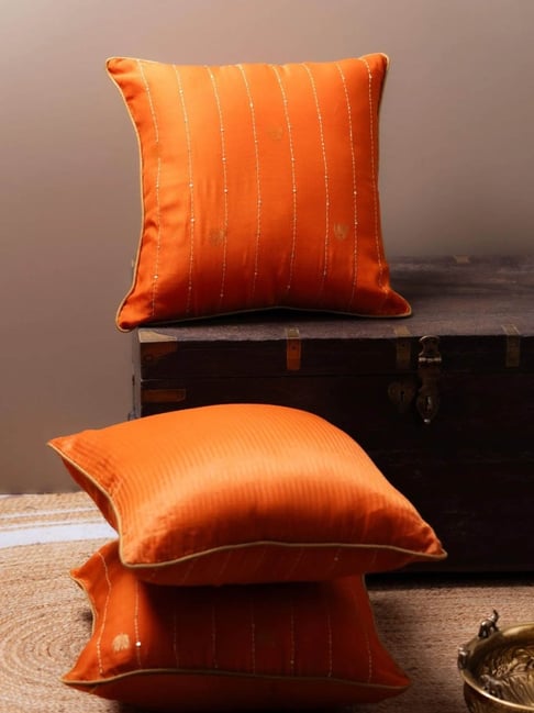 TESU Orange Chanderi Cotton Silk ButtiZari & Katha Cushion Cover