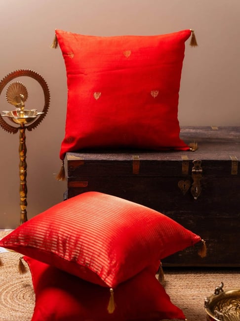 TESU Deep Red Chanderi Cotton Silk Butti Cushion Cover