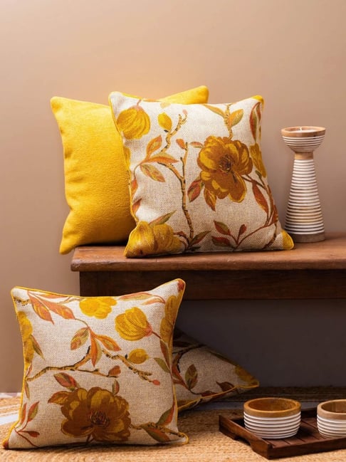 TESU Yellow Jute Floral Cushion Cover