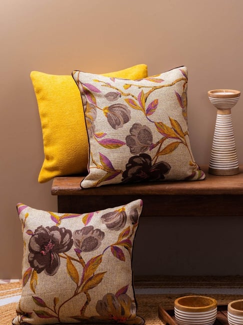 TESU Brown Jute Floral Cushion Cover