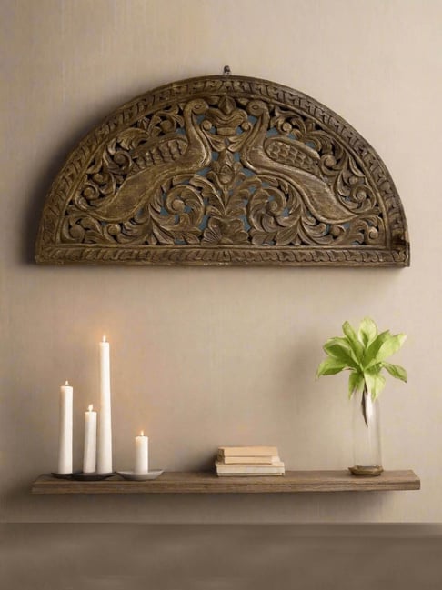 TESU Brown Mango Wood Hand Carved Peacock Jali