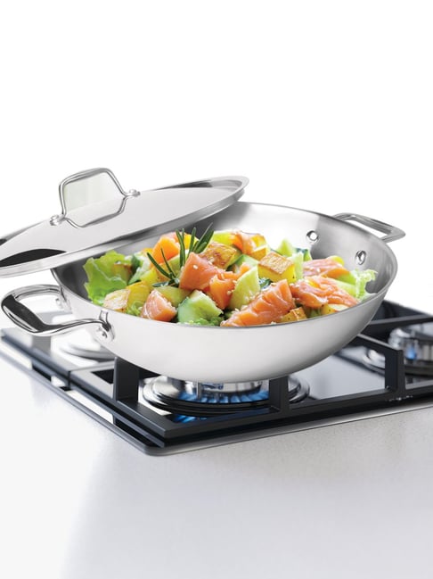 Hamilton Silver Stainless Steel Kadhai with Lid Triply (1600 ml)