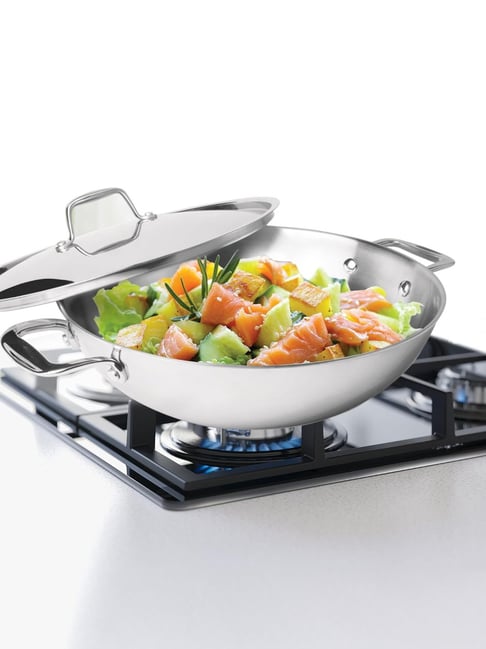 Hamilton Silver Stainless Steel Kadhai with Lid Triply (2200 ml)