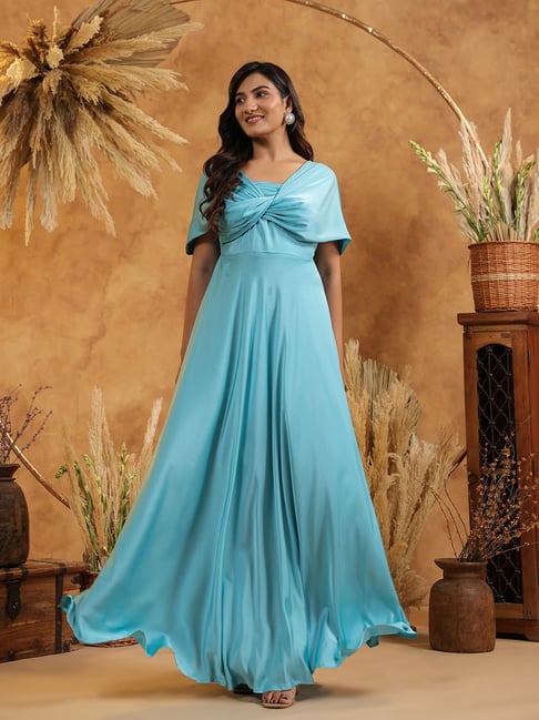 women's cyan off the shoulder dress Linen in 'Odessa'  Linen Tonic & Co Boutique while the backless feature creates a subtle yet striking look Binfinite Cyan Blue Twist Front