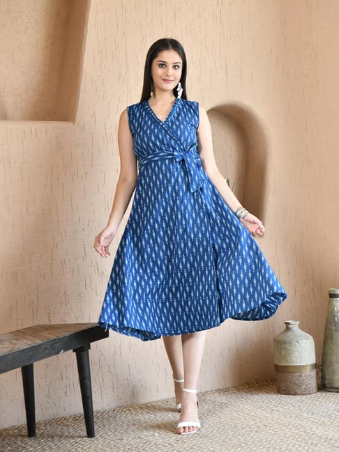 DECKEDUP Blue Cotton Printed Wrap Dress
