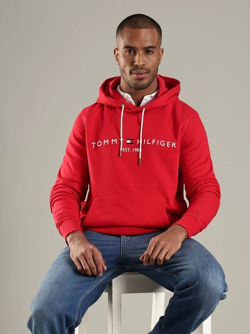 Tommy Hilfiger Red Cotton Regular Fit Logo Printed Hooded Sweatshirt