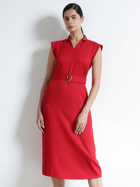 Fablestreet Red Polyester Solid Shift Dress-picture-35