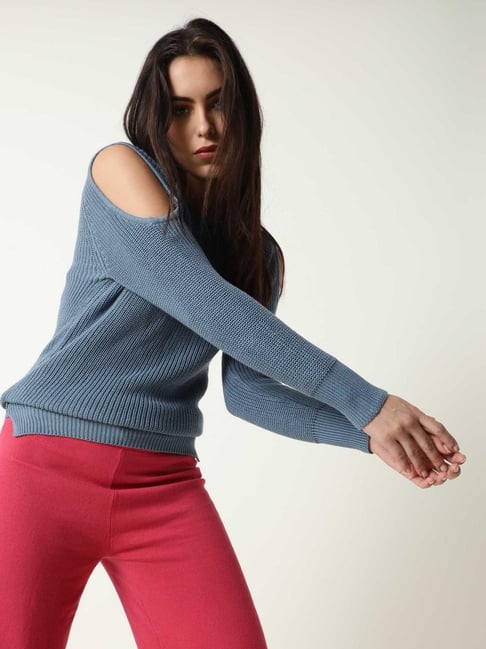 RAREISM Navy Cotton Solid Sweaters