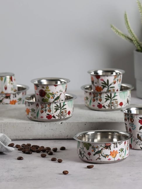 India Circus by Krsnaa Mehta White Iron Petal & Plume Steel Coffee Tumbler - Set of 4