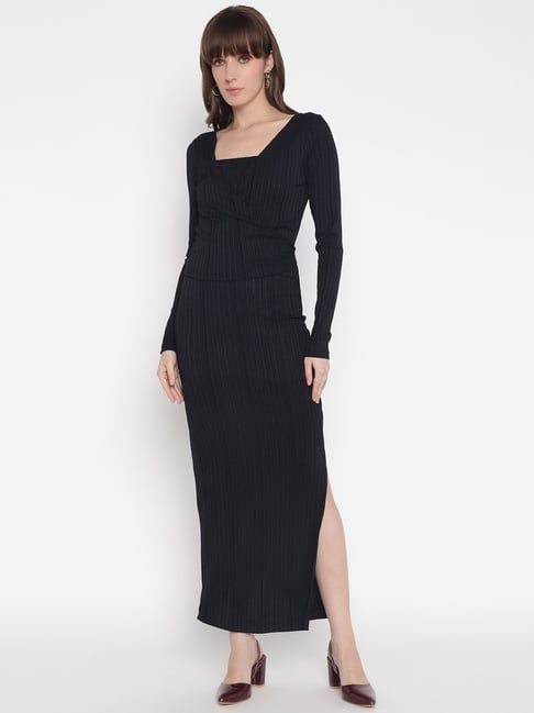 Guess Black Ribbed Square Neck Full Sleeve Wrap Dress