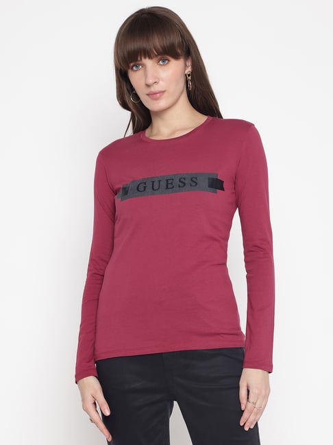 Guess Wine Printed Crew Neck Full Sleeve T-shirt