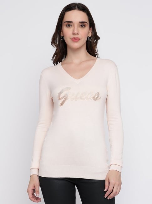 Guess Light Pink Embellished V-Neck Full Sleeve Sweater