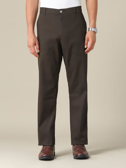 U.S. Polo Assn. Brown Cotton Straight Fit Self Pattern Trousers