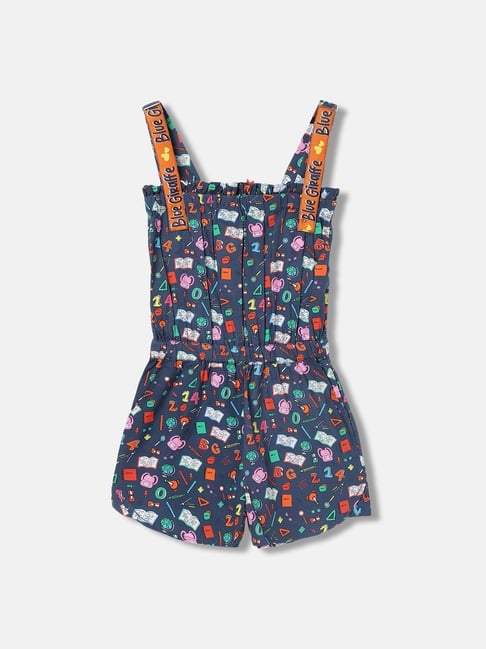 Blue Giraffe Girls Blue Cotton Printed Playsuit