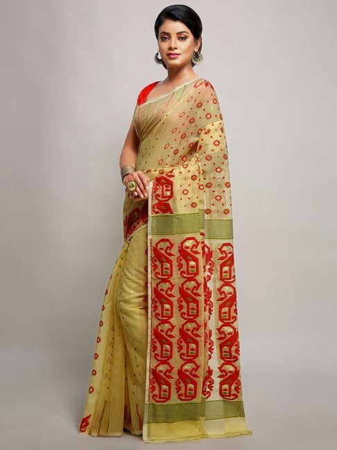Bengal Handloom Light Beige & Red Art Silk Jamdani Saree Without Blouse-picture-10