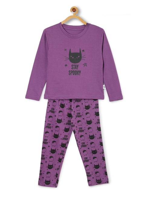 The Mom Store Kids Purple Cotton Printed Nightsuit Pack of