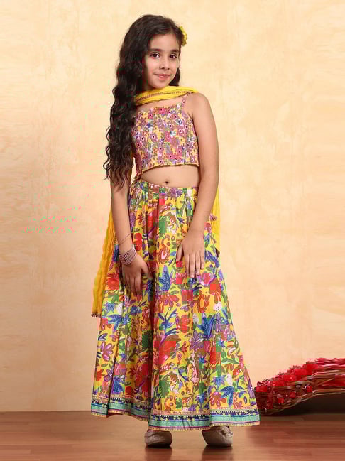 BIBA Girls Yellow Floral Print Lehenga Set