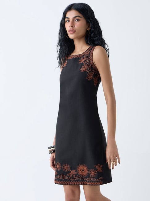 Bombay Paisley by Westside Black Embroidered Cotton-Blend Shift Dress