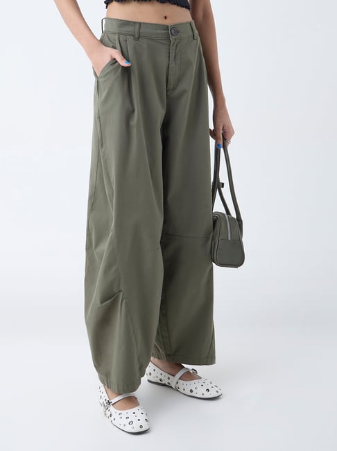 nuon women Nuon by Westside Olive Mid-Rise Cotton-Blend Baggy Trousers-picture-28