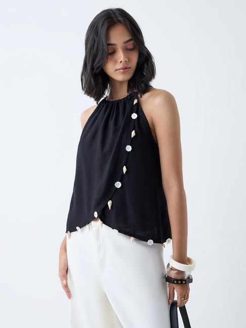 LOV by Westside Black Sea-Shell Design Linen-Blend Top