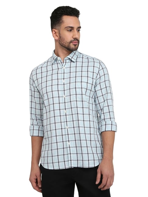 Parx Blue Cotton Slim Fit Chequered Casual Shirt-picture-32