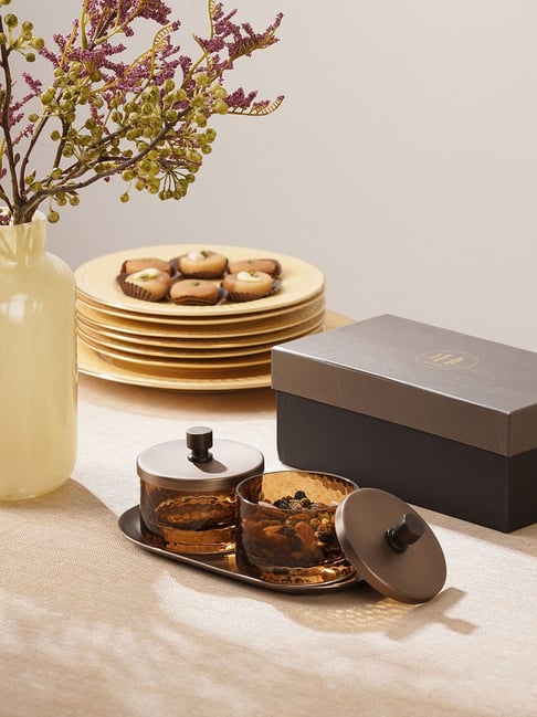 Pure Home and Living Amber & Brown Glass Hammered Condiment Jars - Set of 2-picture-31