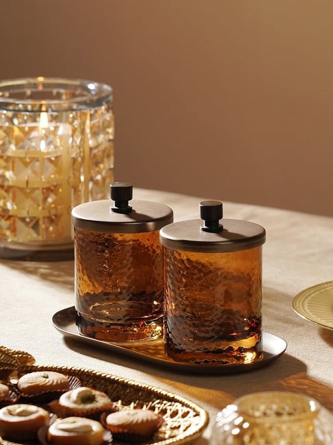 Pure Home and Living Amber & Brown Glass Hammered Condiment Jars - Set of 2-picture-30