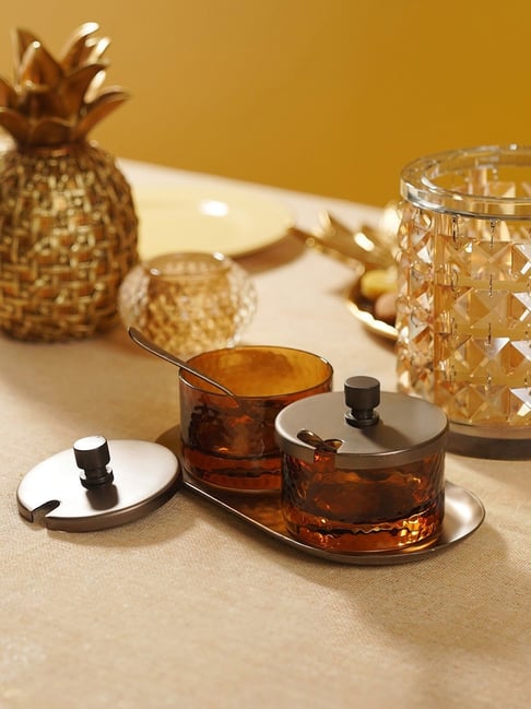 Pure Home and Living Amber & Brown Glass Hammered Condiment Jars - Set of 2-picture-32